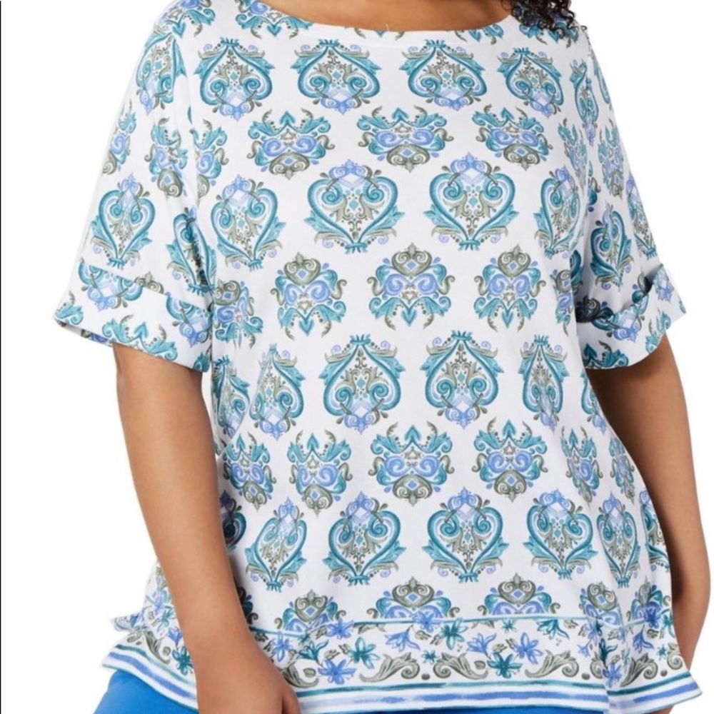 Karen Scott Printed Boatneck Green Blue Geometric